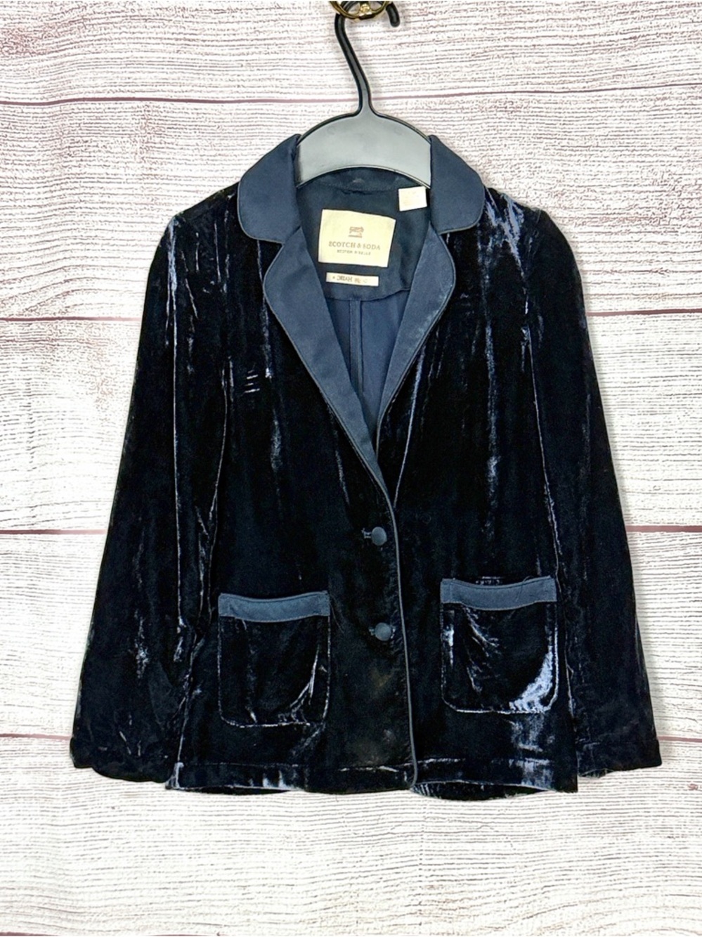Scotch & Soda R’Belle Girls Velvet Blazer Navy Blue Contrast Trim Jacket Size 6